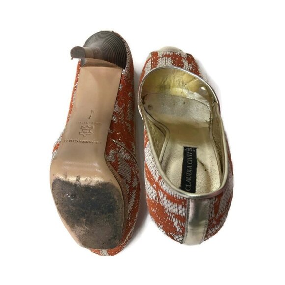Claudia Ciuti Orange & Gold Platform Peeptoe Heels - Picture 4 of 5